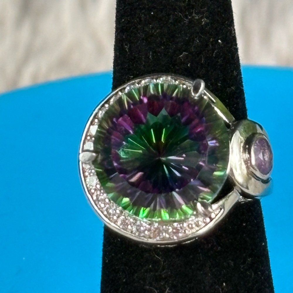 Stunning Mystic Topaz & Amethyst 925 Sterling Silver Statement Ring size 6